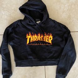 Thrasher Hoodie Black Fleece Cropped Sweatshirt XS 