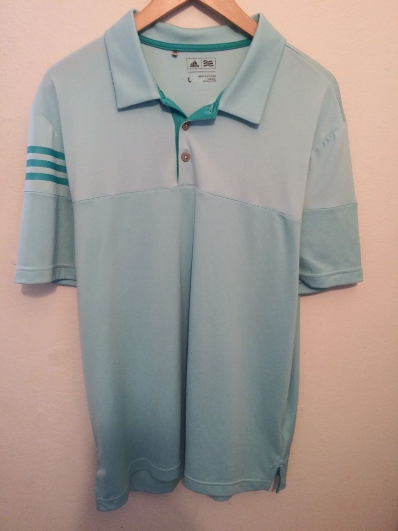 Adidas Mens Size Large Sky Blue Golf Shirt. Excellent like new condition awesome light spring color with signature Adidas 3 stripe right sleeve