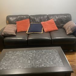 Dark Brown Leather Sofa with Cushions 