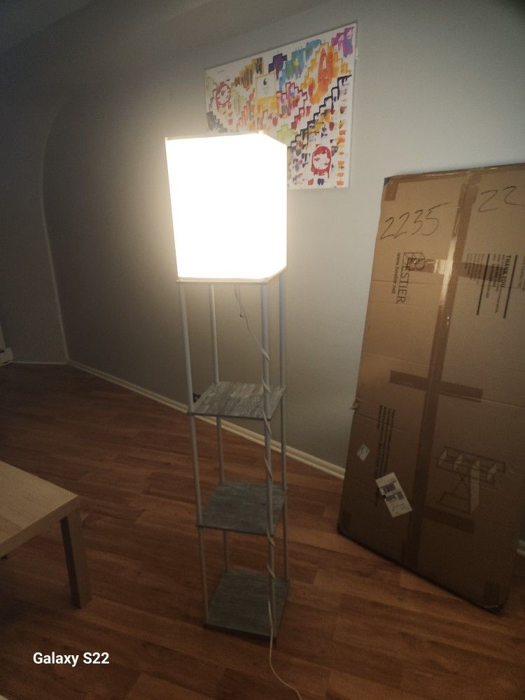 Shelf Floor Lamp with 3-Way Dimmable LED Bulb, Modern Square Standing Lamp with Shelves and White Shade, Corner Display Bookshelf Lamp for Living Room