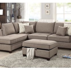 Mocha Brown Sectional Sofa With Storage Ottoman