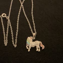 Beautiful 18” SilverTone Necklace With Unicorn & Crystal Pendant, By SU CH