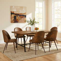 Homy Casa FORS + HAVEN 7PC Dining Set 63” Brown MDF Table with 6 Suede Brown Upholstered Chairs Walnut Finish