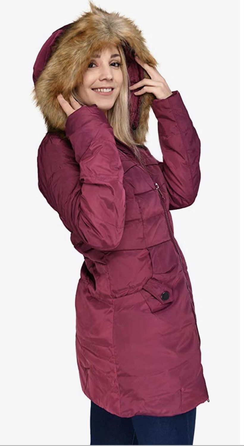 Rose Red Valuker Women's Down Coat With Fur Hood 90% Down Parka Jacket