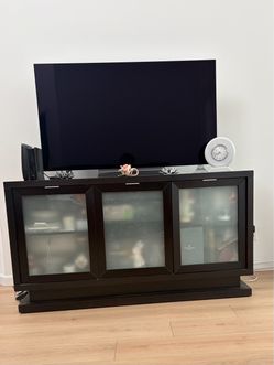 Dark Wood TV Stand with Frosted Glass Doors