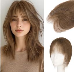 Thin Lace 18*11cm Base Human Hair Topper & Wispy Air Bang 10" Medium Brown