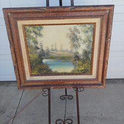 Vintage framed woods pond signed oil on canvas painting