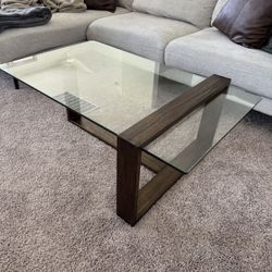 Modern Glass and Walnut Coffee Table and End Table 