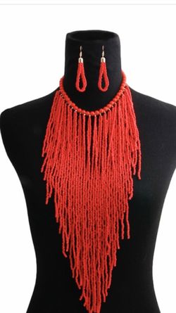 Red fringe necklace and earring set! Brand new! Amazing Christmas gift!