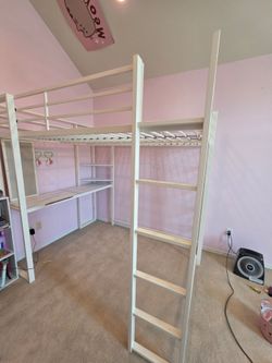 White Loft Bed with Desk and Shelves