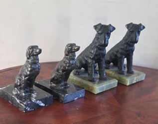 Two Pairs Of Vintage Dog Bookends. Fox Terrier & Green Onyx, English Setter On Black Marble. Excellent Condition.