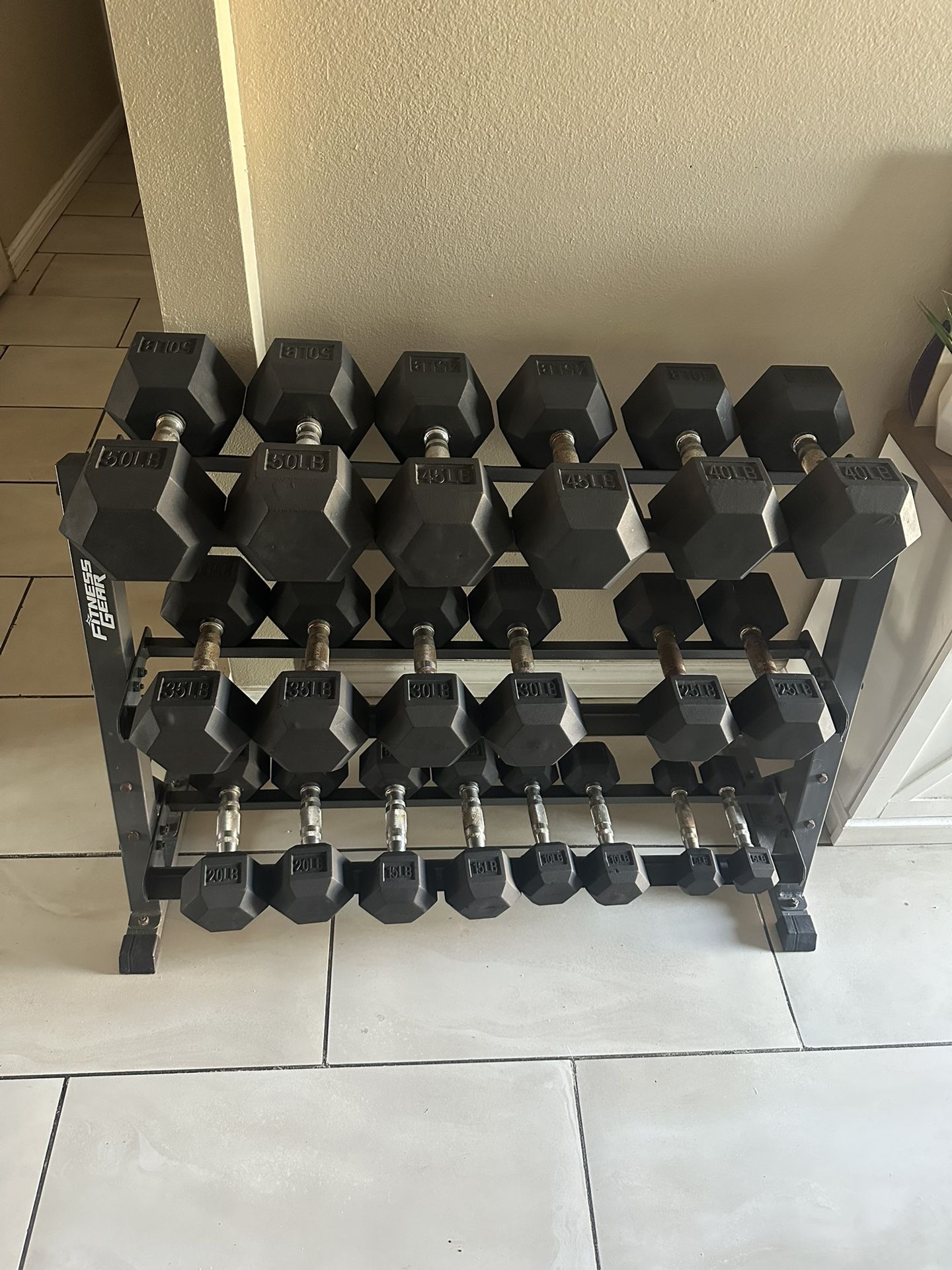 Rubber hex Dumbbells weights 5-50 plus rack 550lbs total