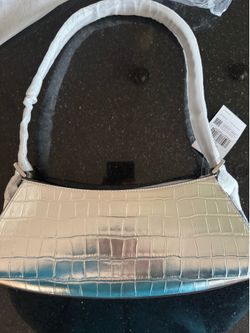 Brand new Kate Spade metallic croc embossed silver and white shoulder zip bag