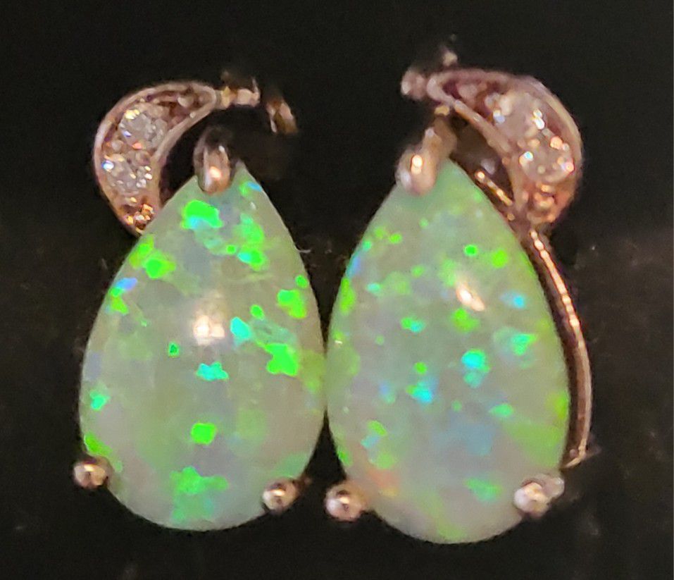 Gorgeous Opal Stud Earrings Diamond Chip Accents