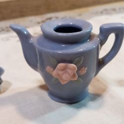 Vintage Miniature Porcelain Blue With Flower 2" Teapot Made In Occupied JAPAN