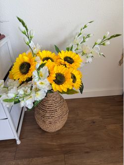 Woven Seagrass Vase with Faux Sunflowers White Florals & Pampas Grass