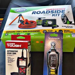 Automotive Accessories And Tools Including Jumper, Cables, Fix A Fly Portable Compressor For Error, Michelin, Tire, Pressure, Gauge, Digital, And Auto