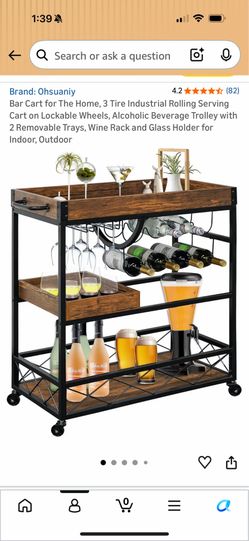 Bar Cart for The Home, 3 Tire Industrial Rolling Serving Cart on Lockable Wheels, Alcoholic Beverage Trolley with 2 Removable Trays, Wine Rack and Gla