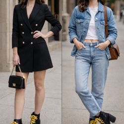 Black Chunky Heel Combat Boots w/ Yellow Laces – Size  37.5