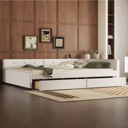 Beige Wood Frame Queen Size Platform Bed with USB Port and 2 Drawers