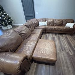 Designer Brown REAL leather sectional sofa, good condition