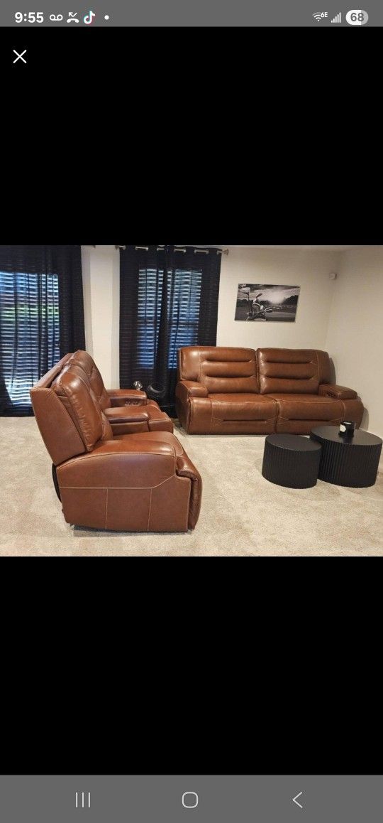 New Cognac Brown Leather Recliner Sofa & Loveseat