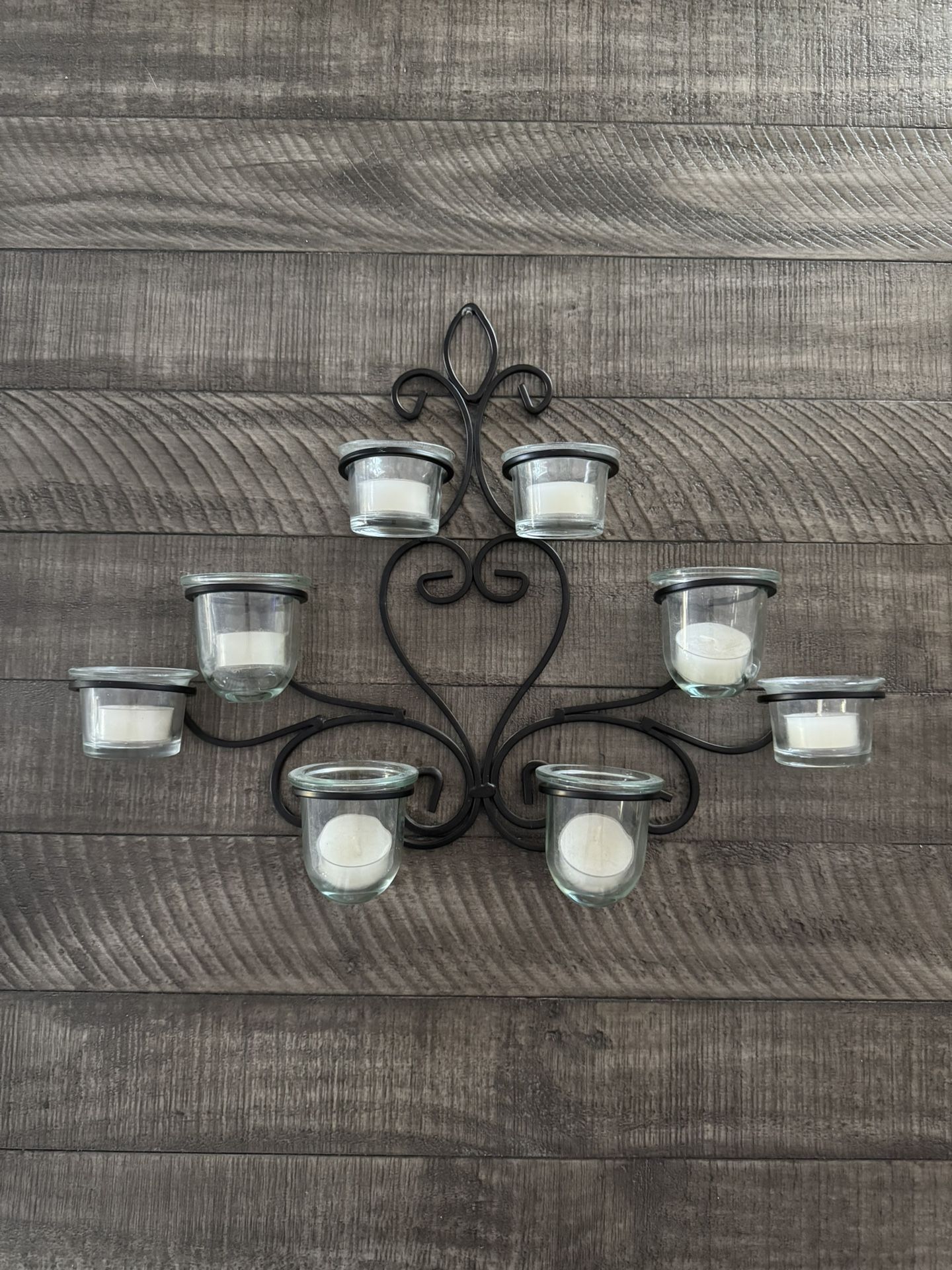Vintage Farmhouse Wrought Iron Tea light Wall Hanging Candle Sconce 8 Glass Cups with 8 candles 12”x17” Location new port richey