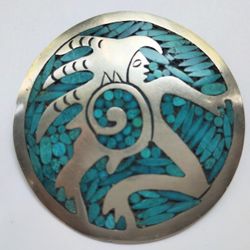 Sterling Silver .925 Turquoise Round Brooch Stamped Pendant Mexico