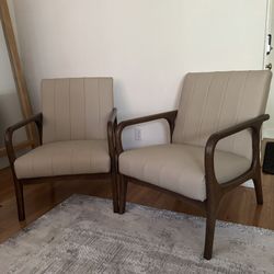 Open To Offers - 2 Two Mid Century Modern MCM Solid Wood Faux Leather Beige White Accent Chairs Armchair Sofa Dining