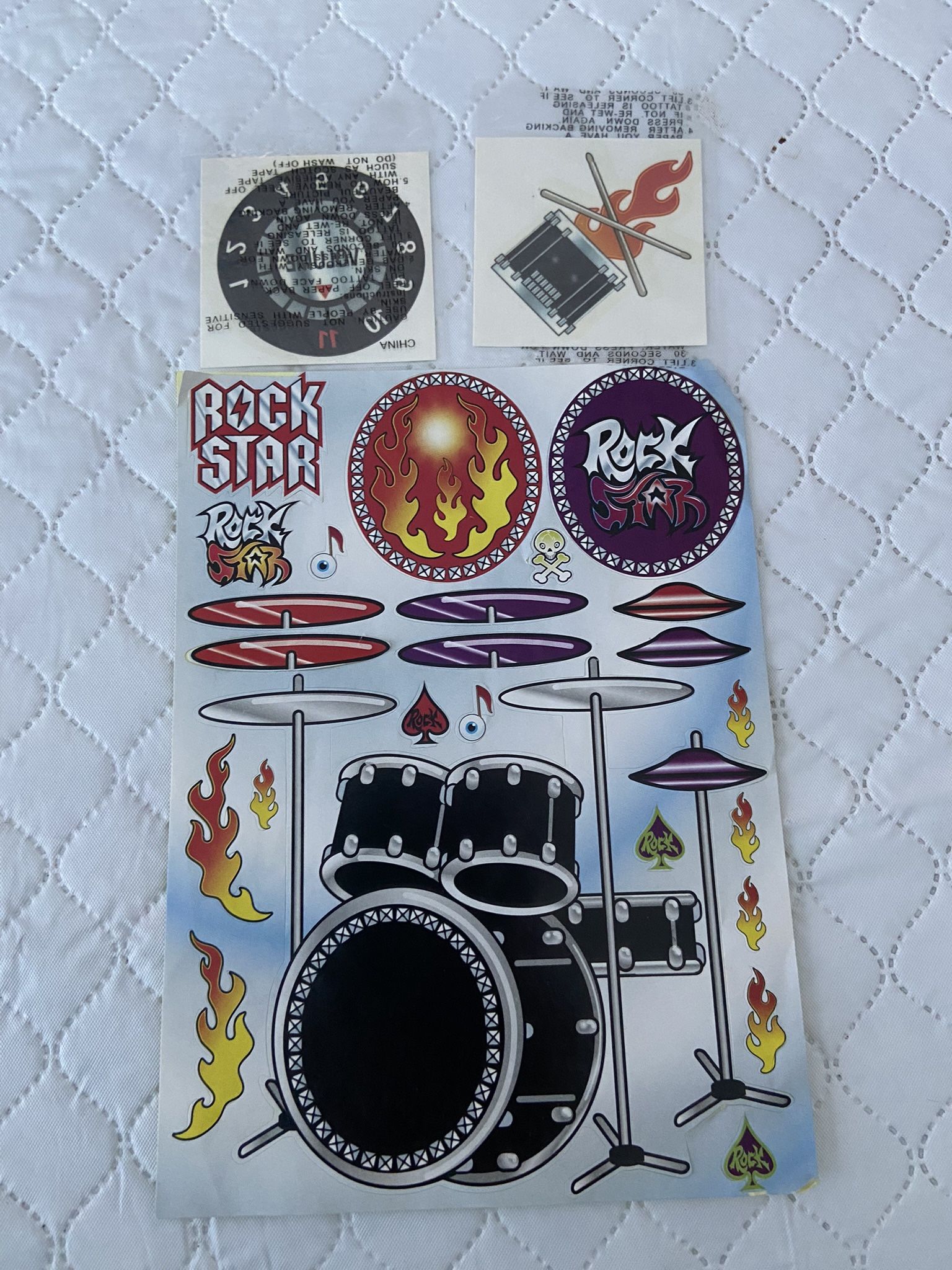 Rock Star Flames And Drums Themed Stickers and two temporary tattoos 