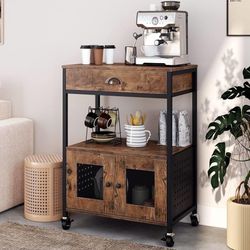 Coffee Cart Station, Coffee Stand Station, Small Microwave Stand with Drawer, Movable Farmhouse Coffee Station Table on Wheels for Living Ro