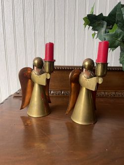 Pair of Vintage Brass And Copper Candle Holder Angels, Christmas Holiday Decor