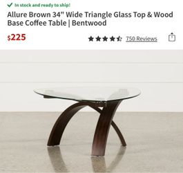 Allure Brown 34" Wide Triangle Glass Top & Wood Base Coffee Table | Bentwood
