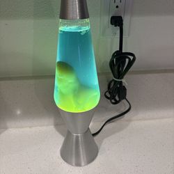 Lava Lamp 14 Inch Silver Base with Yellow Green Wax in Blue Liquid On/Off Switch