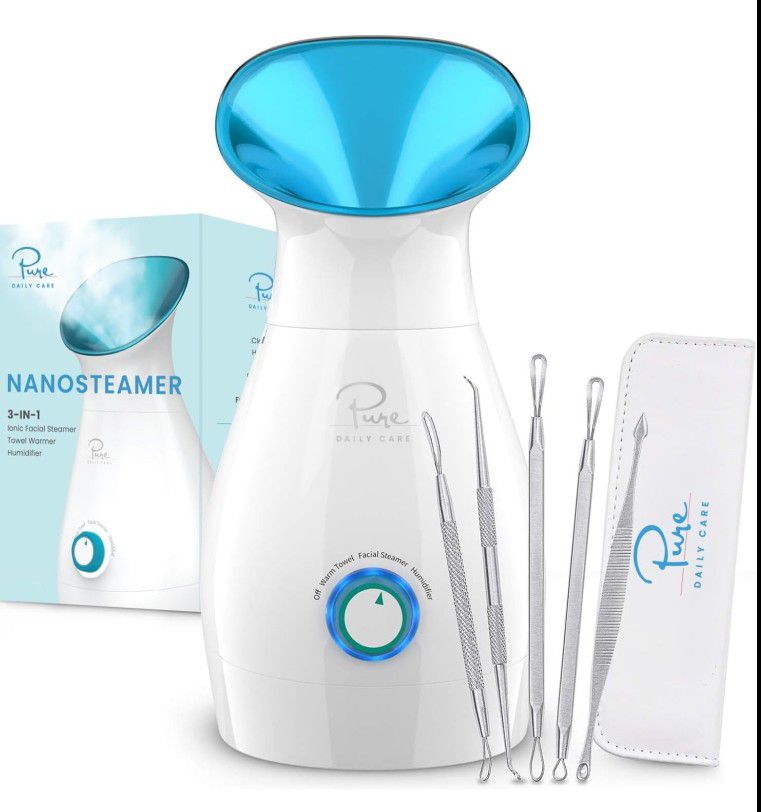 NanoSteamer Large 3-in-1 Nano Ionic Facial Steamer with Precise Temp Control - Humidifier - Unclogs Pores - Blackheads - Spa Quality - Bonus 5 Piece S