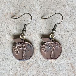 🍎 Unique, copper earrings made from vintage apple charms with man and tree