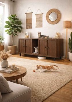 Cat Litter Box Enclosure for 2 Cats, Walnut
Modern Hidden Litter Furniture with Cat Scratch Pad, Large Indoor Pet House with Double Room, Wooden TV St
