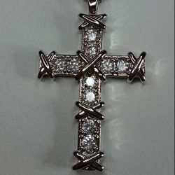 925 Silver 20" Pendant Zircons Necklace Cross* Plata 925 Cadena Y Dije de Plata Con Ziconia
