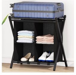 Luggage Rack with storage, Guest Room Folding Suitcase Stands, Holds up to 120lb, Space Saving Suitcase Holders for guest room, Bedroom Hotel, Black