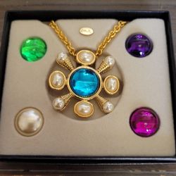 Vtg KJL Kenneth Jay Lane Interchangeable Cabochon & Faux Pearl Brooch Necklace 