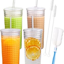 Birity 4 pask Glass Cups With Lids and Glass Straws,24oz High Borosilicate Glass Tumbler Iced Coffee Smoothie Soda Water Tea Cup-Wide Mouth Reusable M