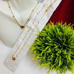 16'' 18k GOLD FILLED STAINLESS STEEL CHAIN BEADS HEART PENDANT WOMENS NECKLACE-NON TARNISH NECKLACE 