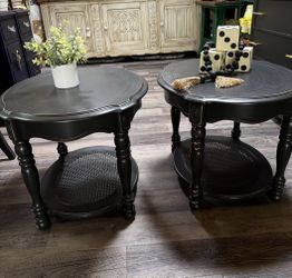 Vintage Black French Farmhouse Matched End Tables W/ Cane 