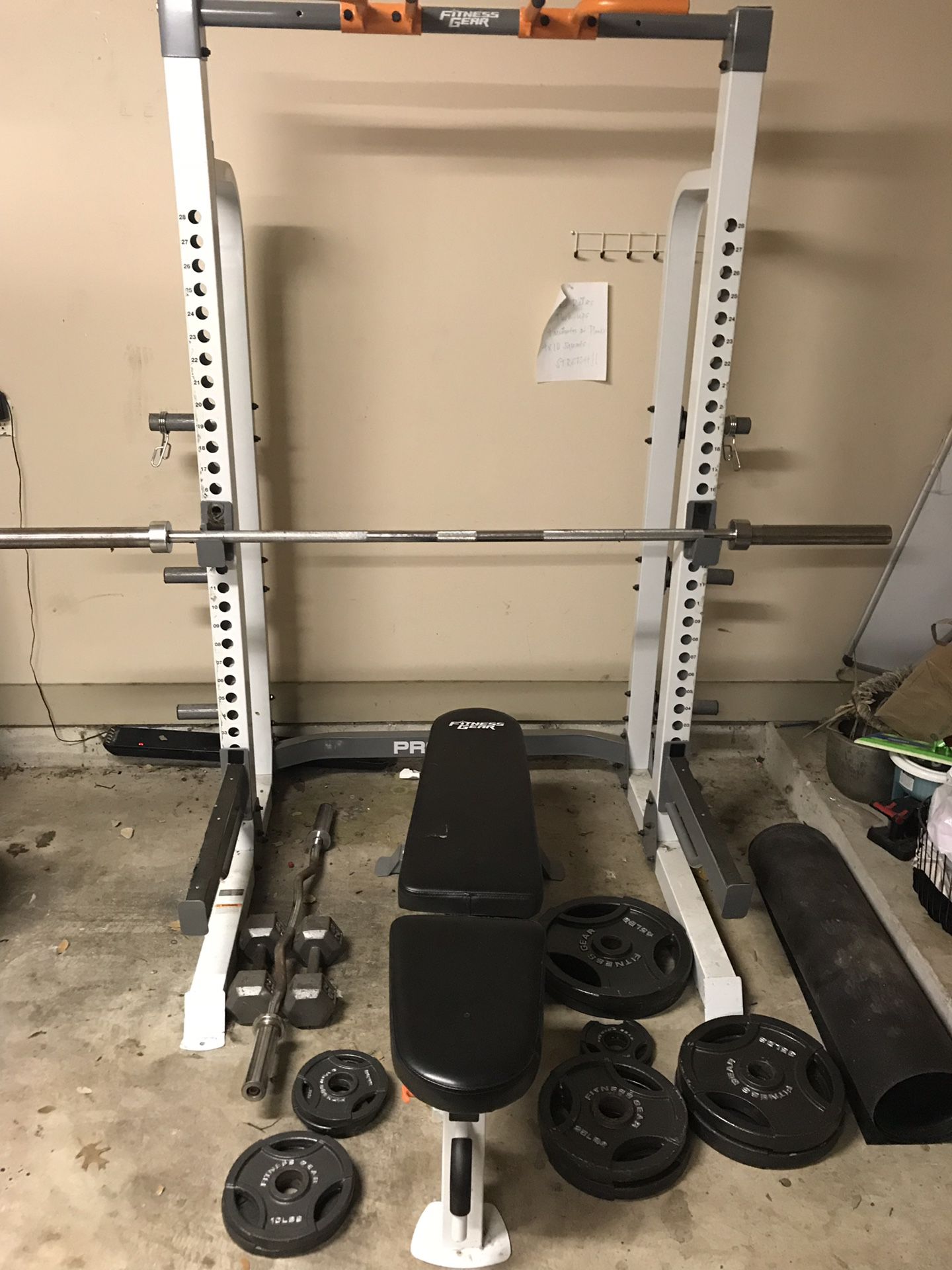 Fitness gear pro half rack with bench and weight set