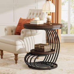 New 2-Tier Round End Table, Rustic Brown Side Table