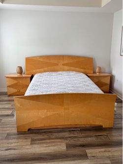 Bedroom set, solid wood: platform bed with beautiful headboard, and footboard; two nightstands; one large dresser.