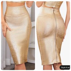 Leather Midi-Calf Bandage Skirt Metallic Bandage Pencil Office Skirt size S