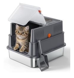 Small Enclosed Stainless Steel Litter Box with Lid for Kitty