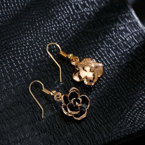 Gold Rhinestone Black Rose Flower Earring Pendant