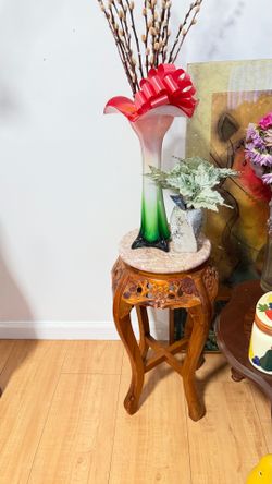 Carved Wood Plant Stand with Marble Top